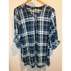 Riley & James Green Navy Blue Plaid Roll Tab Sleeve Zip Neck Tunic Top XL NWT